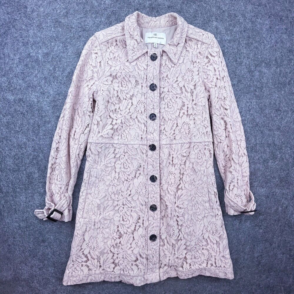 Cupcakes and Cashmere Trench Coat Womens Small Pink Lace Auretta‎ Girly Coquette